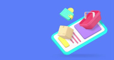 Çevrimiçi alışveriş akıllı telefon başvurusu ödeme teslimatı 3D ikon animasyon döngüsü. İnternet mağazası süpermarket market market servisi cep telefonu uygulaması