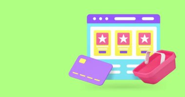 Çevrimiçi alışveriş pazarı web tarayıcı siparişi 3d simge canlandırma döngüsü satın aldı. İnternet mağazası web sitesi mal satın almak ve ödemek için siber uzay platformunu tarıyor
