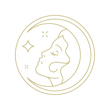 Güzel mistik kadın yüzünde yıldız hilal altın çizgisi resim ikonu çizimi var. Mitoloji rüyası kadın portresi ay tek renkli logo zen meditasyon spa kaplıcası kozmetik marka.