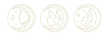 Minimalist sihirli cadı rüya kadın hilal çember altın çizgi sanat ikonu vektör çizimi. Mitoloji kutsal meditasyon zen kadın portresi ay yıldızları cilt bakımı kozmetik markası için tek renkli logo