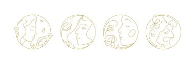 Romantik genç kadın çiçekleri kokluyor. Minimum halka altın çizgili sanat simgesi vektör çizimi. Zarif kadın portresi botanik çiçekli organik bitki logosu spa sağlık kaplaması güzellik markası