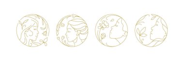 Minimalist çizgi sanatçısı kadın portresi çiçek çemberi ikon çizimi kokusu alıyor. Güzel, genç bir kadın yüzü. Çiçekli, bitkisel, yuvarlak bir logo. Kaplıca, cilt bakımı, makyaj malzemesi.