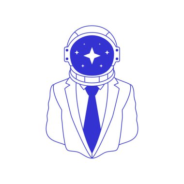 Y2k astronot başlıklı kask işadamı çağdaş pop sanatının mavi çizim çizgisi ikonu düz çizim. Psikedelik kozmonot uzay seyahati galaksisi iş adamı kalem mürekkebini keşfet