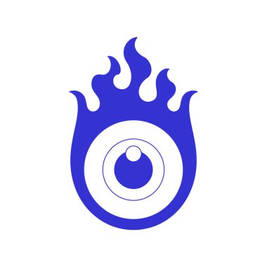 Yanan alev komedi çizgi romanı mavi çizgi ikon düz çizim ile Y2k saykodelik göz. Bullseye alev alev yanan gerçek üstü fantezi çağdaş pop sanatı minimum kalem çizimi moda tişört baskısı