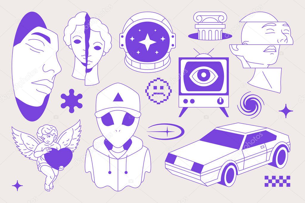 Y2k neo gothic psychedelic blue sketch comic retro groovy icon set vector flat illustration. Minimal surreal trendy sticker sculpture alien tv angel vintage car techno rave ink t shirt print