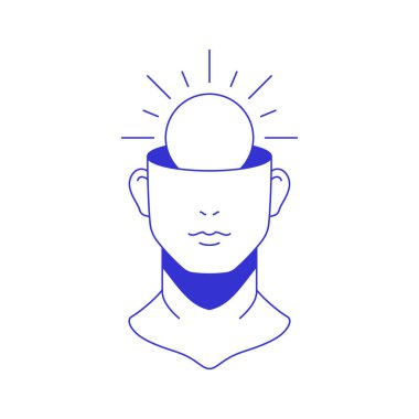 Y2K adam kafası parlak güneş heykeli büstü çağdaş pop sanatının mavi çizgi ikonu düz çizim. Antik erkek tanrı anıtı parçaladı. Psikedelik farkındalık. Açık zihin çizimi.