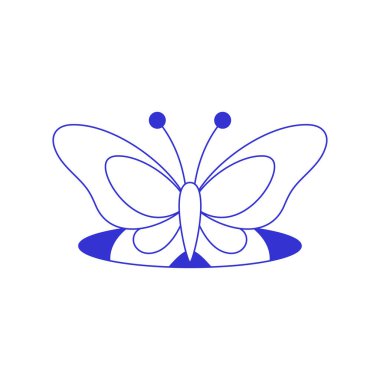 Y2k yaz kelebeği delikte psikedelik çağdaş pop sanat çizgisi ikonu düz çizim. Tişört baskısı için komik mavi çizimi olan güzel bir yaz zamanı acayip böceği.