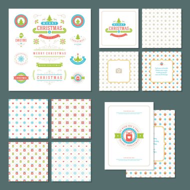 Noel etiketleri ve rozetleri vektör tasarım öğeleri kümesi ve tebrik kartları şablonları. Neşeli Noel ve tatil dilek retro tipografi dekorasyon nesneleri, vintage süsler.