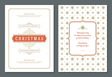 Noel tebrik kartı tasarımı şablonu, üzerinde etiket vektör çizimi var. Mutlu noeller ve tatiller klasik tipografik süslemeler ve şablon arka planı dileyin.