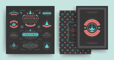 Noel tırnak işaretleri ve rozetler vektör tasarım unsurları tebrik kartı şablonu ile ayarlandı. Mutlu noeller ve mutlu yeni yıllar. Klasik tipografi ve süslemeli dekorasyon sembolleri dileyin..