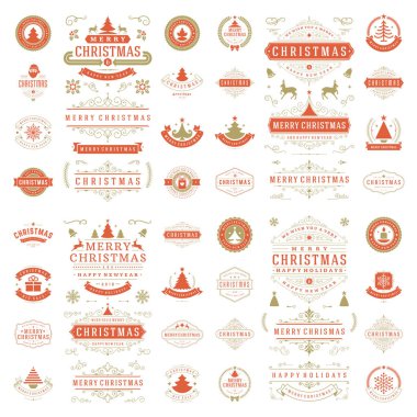 Tasarım öğeleri kümesi Noel etiketleri ve tebrik kartları ve posterler vektör için rozetleri. Neşeli Noel ve tatil dilek retro tipografi dekorasyon nesneler ve simgeler, vintage süsler.