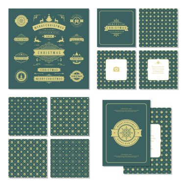 Noel etiketleri ve rozetleri vektör tasarım öğeleri kümesi ve tebrik kartları şablonları. Neşeli Noel ve tatil dilek retro tipografi dekorasyon nesneleri, vintage süsler.