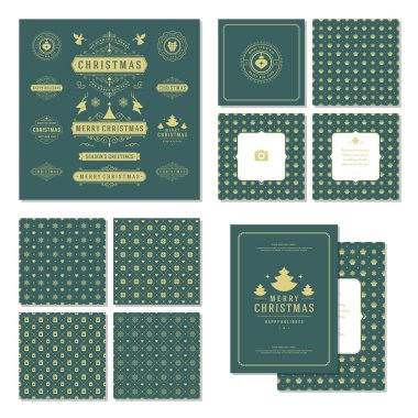 Noel etiketleri ve rozetleri vektör tasarım öğeleri kümesi ve tebrik kartları şablonları. Neşeli Noel ve tatil dilek retro tipografi dekorasyon nesneleri, vintage süsler.