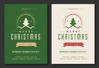 Noel Partisi Davetiyesi retro tipografi ve dekorasyon öğeleri. Noel el ilanı veya poster tasarım tatil. Vektör çizim.