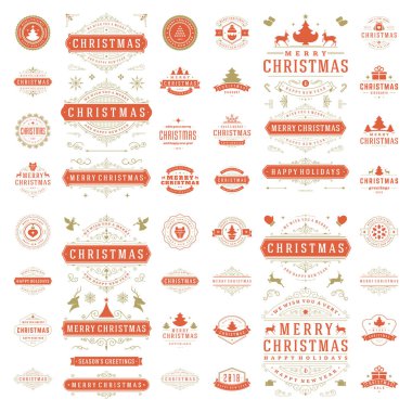 Noel etiketleri ve rozetleri vektör tasarım öğeleri kümesi. Neşeli Noel ve tatil dilek retro tipografi dekorasyon nesneler ve simgeler, vintage süsler.