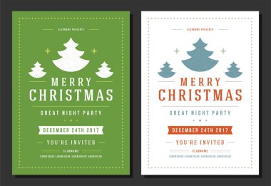 Noel partisi ilanı eski moda tipografi ve dekorasyon unsurlarını davet ediyor. Noel tatili poster tasarımı. Vektör illüstrasyonu.