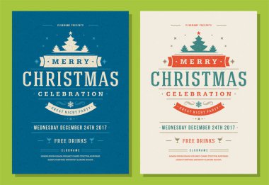 Noel partisi ilanı eski moda tipografi ve dekorasyon unsurlarını davet ediyor. Noel tatili poster tasarımı. Vektör illüstrasyonu.