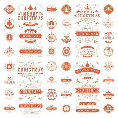 Tasarım öğeleri kümesi Noel etiketleri ve tebrik kartları ve posterler vektör için rozetleri. Neşeli Noel ve tatil dilek retro tipografi dekorasyon nesneler ve simgeler, vintage süsler.