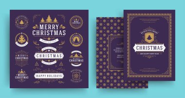Noel etiketleri ve rozetleri vektör tasarım öğeleri tebrik kartı şablonu ile ayarlanır. Mutlu noeller ve mutlu yıllar vintage tipografi ve semboller süsler ile nesneleri istiyor.