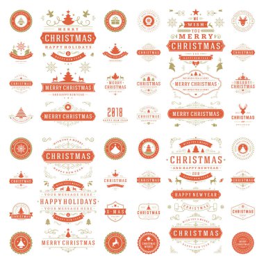 Noel etiketleri ve rozetleri vektör tasarım öğeleri kümesi. Neşeli Noel ve tatil dilek retro tipografi dekorasyon nesneler ve simgeler, vintage süsler.
