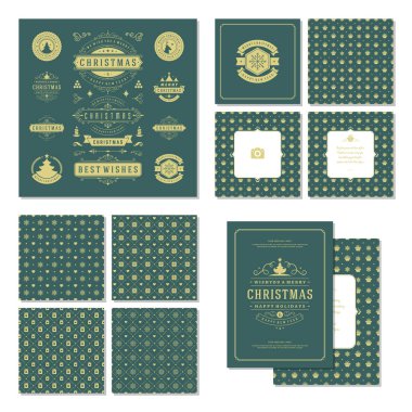 Noel etiketleri ve rozetleri vektör tasarım öğeleri kümesi ve tebrik kartları şablonları. Neşeli Noel ve tatil dilek retro tipografi dekorasyon nesneleri, vintage süsler.