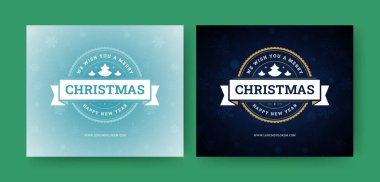 Kar arkaplanı tasarım şablonu ve vektör illüstrasyonlu Mutlu Noeller sosyal medya paylaşımı. Kış tatili mutlu yeni yıl kutlamaları klasik tebrik kartı ladin kar taneleri parlıyor