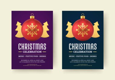 Noel kutlaması müzik partisi organizasyon broşürü tasarım şablonu gerçekçi vektör çizimi. Xmas Yeni Yıl Noel Festivali, lüks balo oyuncakları kar tanesi ve altın ladin 'i duyuruyor.