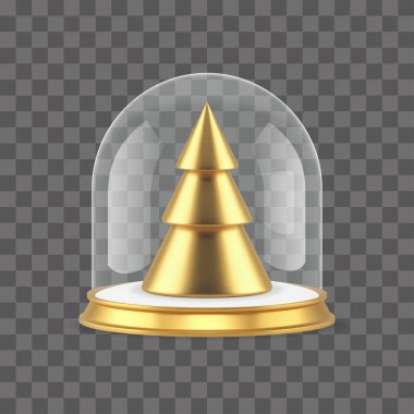 Altın ladin Noel oyuncağı ve cam kubbe dekoratif tasarım 3d gerçekçi vektör çizimi. Şatafatlı şenlikli yeni yıl Noel 'i. Geleneksel, sihirli bir mücevher küreli, kış tatili ağacı.