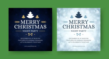 Sosyal medya reklamları için mutlu noel partisi tasarım şablonu vektör illüstrasyonları. Yeni yılınız kutlu olsun Xmas kış festivali patlamayı kutluyor kar taneleri ışıldıyor