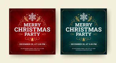 Mutlu noel partisi festivali sosyal medya geçmişi tasarım şablonu vektör düz illüstrasyon. Kış tatili yeni yıl kutlaması ilan kartı klasik lüks süs