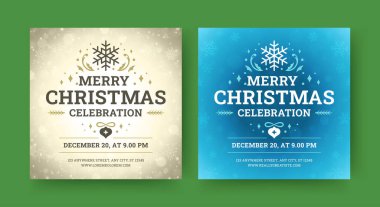 Mutlu Noeller, müzik partisi sosyal medya kutlaması. Tasarım şablonu, vektör çizimi. Mutlu yıllar Xmas kış bayramı festivali kare kar taneleri parıldıyor bokeh bulanıklığı