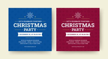 Noel kutlaması partisi sosyal medya tasarım şablonu vektör düz çizim. Yeni yıl kış festivali etkinliği kar tanesi ve kurdeleli kırmızı mavi retro kare broşür