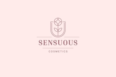 Geometrik çiçek soyut çiçekli minimalist çizgi logosu tasarımı vektör illüstrasyonu. Güzellik salonu kozmetik sağlığı markası için doğal yaratıcı yaban çiçeği zarif kadınsı doğrusal logoti