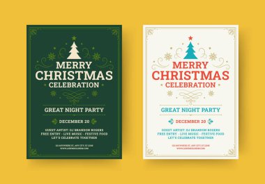 Mutlu Noeller kutlama gecesi müzikal parti retro tasarım şablonu vektör düz illüstrasyon. Mutlu Xmas Yeni Yıl festivali disko etkinliği, klasik poster davetiyesini duyurdu