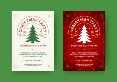 Spruce tasarım şablonu olan Noel partisi retro broşürü. Xmas Yeni Yıl kutlamaları bayram etkinliği müzikal disko festivali daveti kurdele altın çerçeve bokeh kar