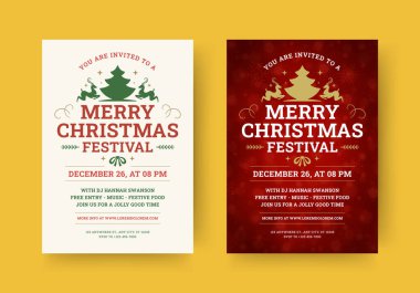 Mutlu noel festivali davetiyesi geçmişe dönük tasarım şablonu vektör çizimi. Mutlu kış tatili yılbaşı kutlamaları ladin ve geyikli klasik reklam afişleri