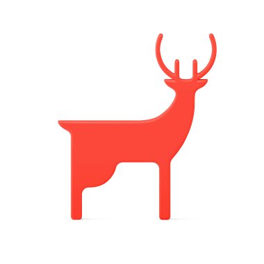 Minimalist geleneksel kırmızı metalik boynuzlu geyik üç boyutlu gerçekçi vektör çizimi. Parlak Noel dekoratif şablonu beyaza izole edilmiş. Lüks yeni yıl hayvan oyuncağı maketi.