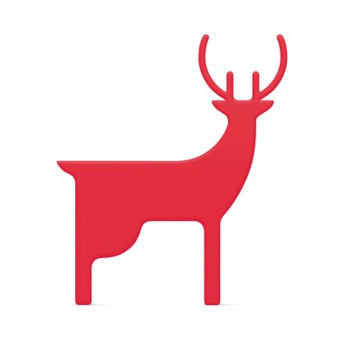 Minimalist geleneksel kırmızı boynuzlu geyik üç boyutlu gerçekçi vektör çizimi. Parlak Noel dekoratif şablonu beyaza izole edilmiş. Lüks yeni yıl hayvan oyuncağı maketi.