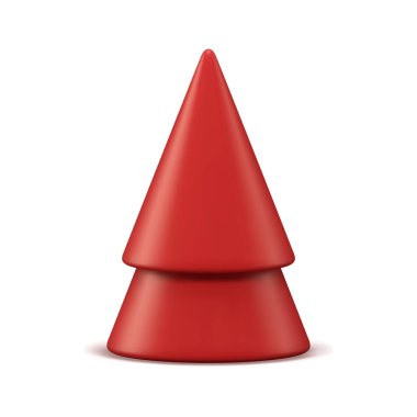 Kırmızı Noel ağacı minimalist geometrik biblo 3d gerçekçi vektör çizimi. Moda zarif Xmas ladin üçgeni soyut koni şeklindeki değerli orman odunu kış mevsimi dekoru