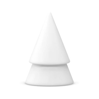 Beyaz zarif Noel ağacı minimalist geometrik oyuncak 3d gerçekçi vektör çizimi. Şirin, parlak üçgen şekilli ladin. Yılbaşı kutlamaları için Xmas değerli kış ormanı ahşap süsleme bitkisi.