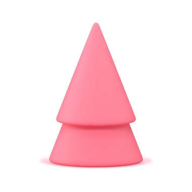 Şirin pembe Noel ağacı heykelciği zarif minimalist oyuncak 3D gerçekçi vektör çizimi. Xmas ladin, soyut üçgen koni geometrik şekilli kış tatili, takdire şayan orman bitkisi.