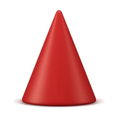 Kırmızı parlak üçgen koni Noel oyuncağı geometrik şekil 3d gerçekçi vektör çizimi. Zarif soyut Xmas ladin minimalist üçgen piramit biblo orman bitkisi.