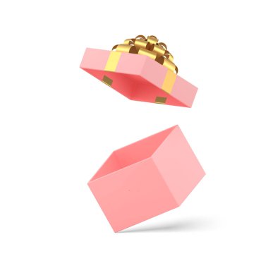 Açık başlıklı boş pembe kare hediye kutusu ve 3 boyutlu altın kurdele gerçekçi vektör illüstrasyonu. Pahalı bayram kutlaması için sevimli, kadınsı bir paket. Tebrikler.