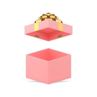 Pembe kare açık hediye kutusu, altın kurdele dişi hediye paketi 3d gerçekçi vektör illüstrasyonu. Şenlikli bayram sürpriz doğum günü için boş lüks kız paketi. Tebrikler.