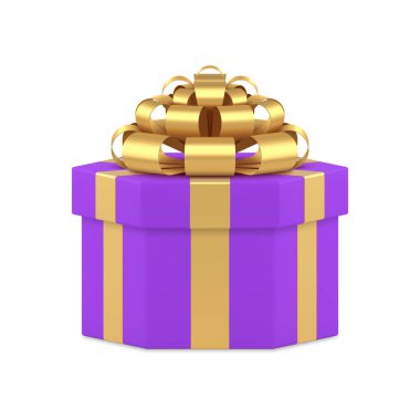 Mor ambalajlı altıgen hediye kutusu. Lüks altın kurdele 3D ikon gerçekçi vektör çizimi. Sürpriz bayram kutlaması için Violet premium hediye paketi altıgen konteynırı