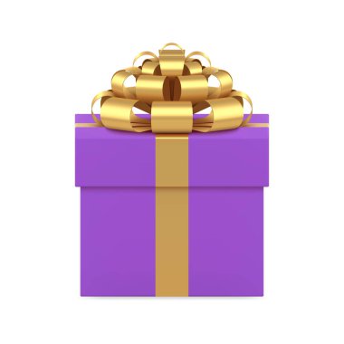 Bayram sürprizi için altın kurdeleli mor lüks hediye kutusu 3D gerçekçi vektör illüstrasyonu. Doğum günü kutlaması için Violet premium hediye paketi paketi paketlendi.