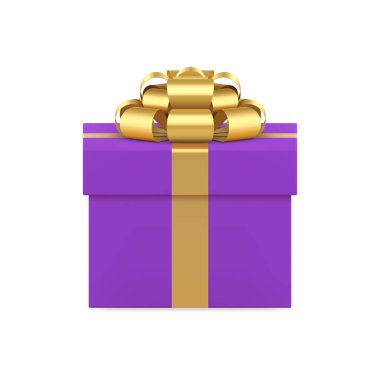 Lüks altın fiyonk kurdeleli Violet moda hediye kutusu. 3D ambalajlı gerçekçi vektör illüstrasyonu. Romantik sürpriz doğum günü kutlaması için mor zarif bir hediye kutusu.