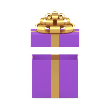 Violet 'in karesi hediye paketi, içinde 3D lüks yay kurdelesi, gerçekçi vektör illüstrasyonu var. Hediye sürpriz bayram yıldönümü için mor paketli paket.