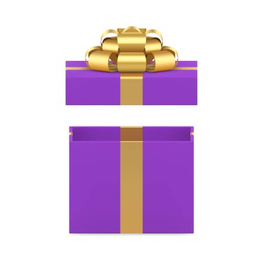Menekşe dikdörtgen şeklinde özel altın kurdele 3D gerçekçi vektör illüstrasyonuyla hediye kutusunu aç. Mor ambalajlı hediye paketi. Şenlikli tatil hediyesi için zarif konteynır. Tebrikler.