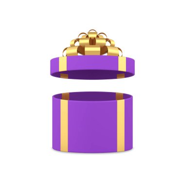 Mor halka hediye kutusu. Açık kapaklı ve 3D kurdeleli. Gerçekçi vektör illüstrasyonu. Şenlikli bayram sürprizi için mor renkli, yuvarlak paket zarif paket.